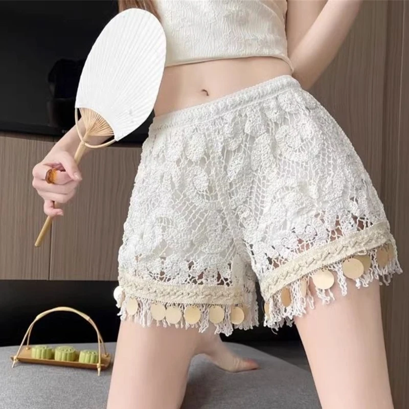 Women Hollow Out Crochet Knit Sequins Tassels Shorts with Lining Bohemian Elastic High Waist Beach Vacation Short Pants 066C