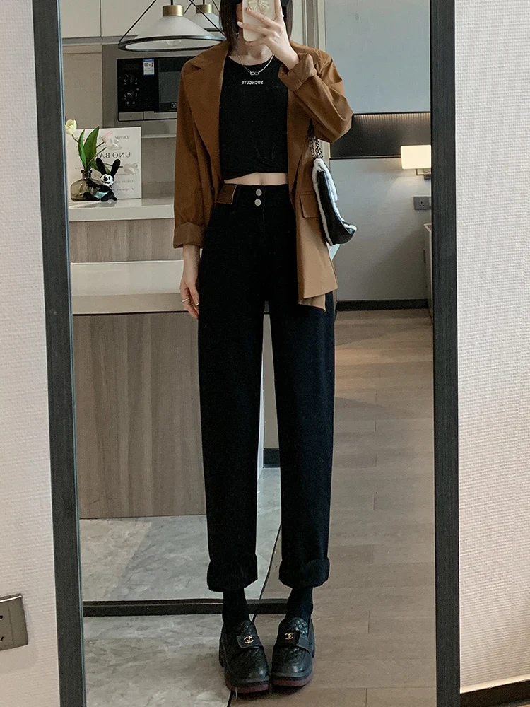 

Джинсы Harlan с высокой талией, женские весенне-осенние утягивающие джинсы большого размера, толстые мм, дизайн Sense, осень-зима, сумка с девятью точками...