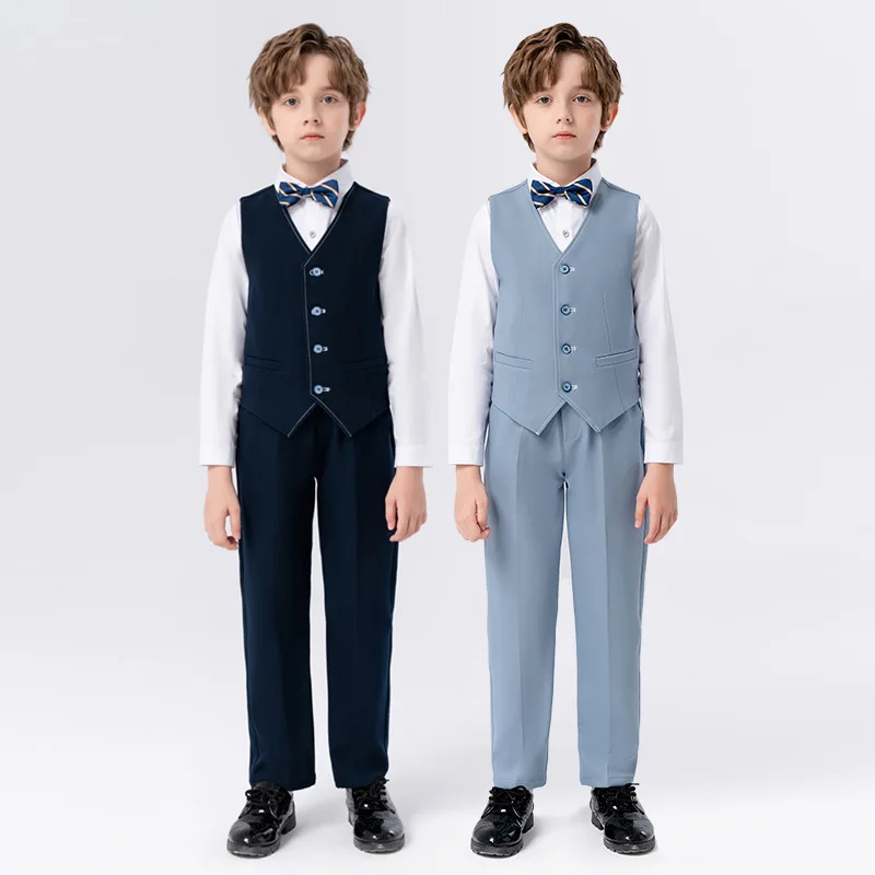 Teenager Kids Light Blue Vest Shirt Pants Bowtie Wedding Suit Boys Host Dance Tuxedo Dress Children Photograph Party Costume