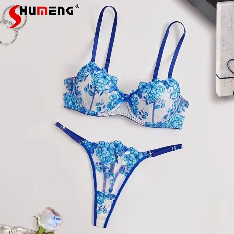 

Embroidered Bra Set with Underwire Women Push Up Ultra Thin Transparent Underwear Female Pure Desire Sexy Lingerie Outfits