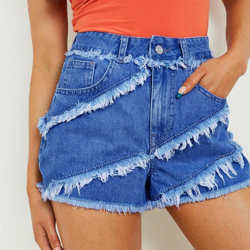 

Szkzk Blue Cotton Burrs Tassel Denim Shorts With Pockets New Women High Waist Bottoms Night Club Wear Sexy Skinny Jean Shorts