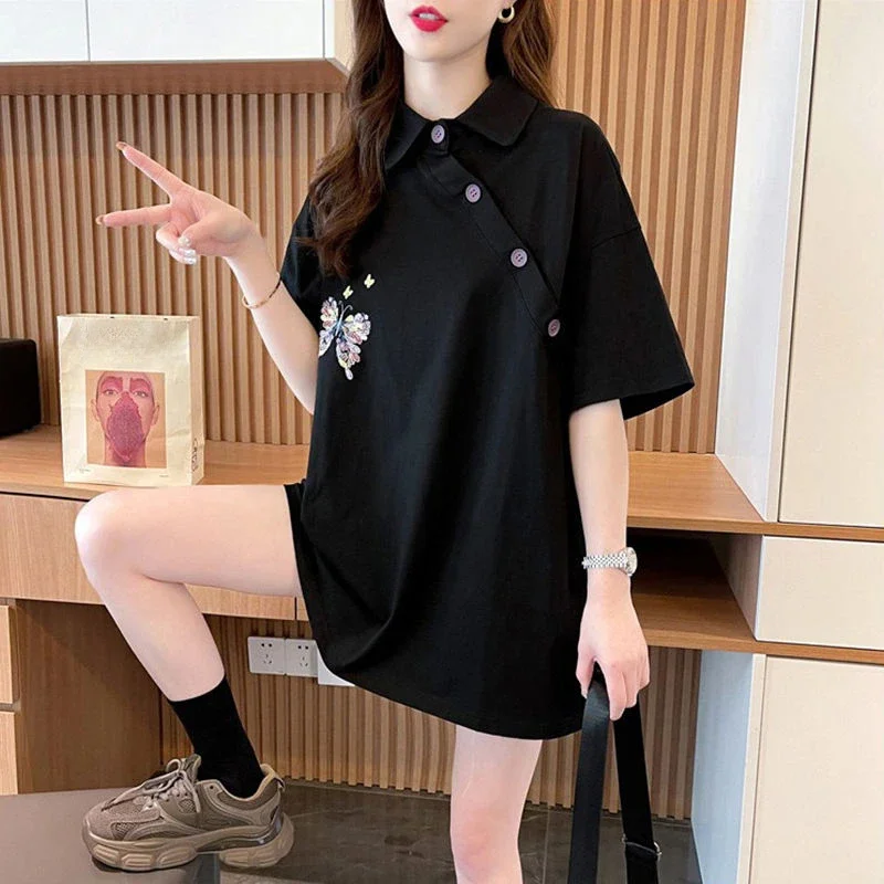 تي شيرت صيفي برقبة بولو للنساء تي شيرت نسائي جرافيك ملابس على الطراز الكوري ملابس شبابية جميلة أصلية