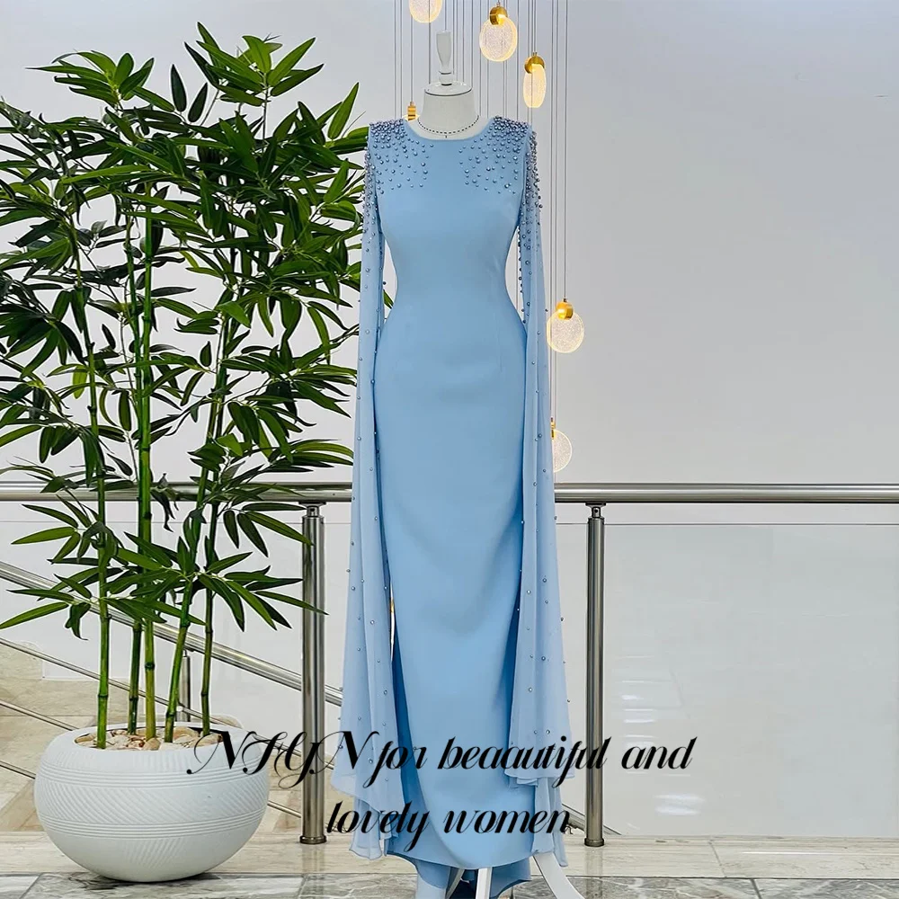 

NFYN Light Blue Prom Dress O Neck Party Dress Chiffon Bead Embellishments Evening Dress Long Sleeves robes de soir Customized