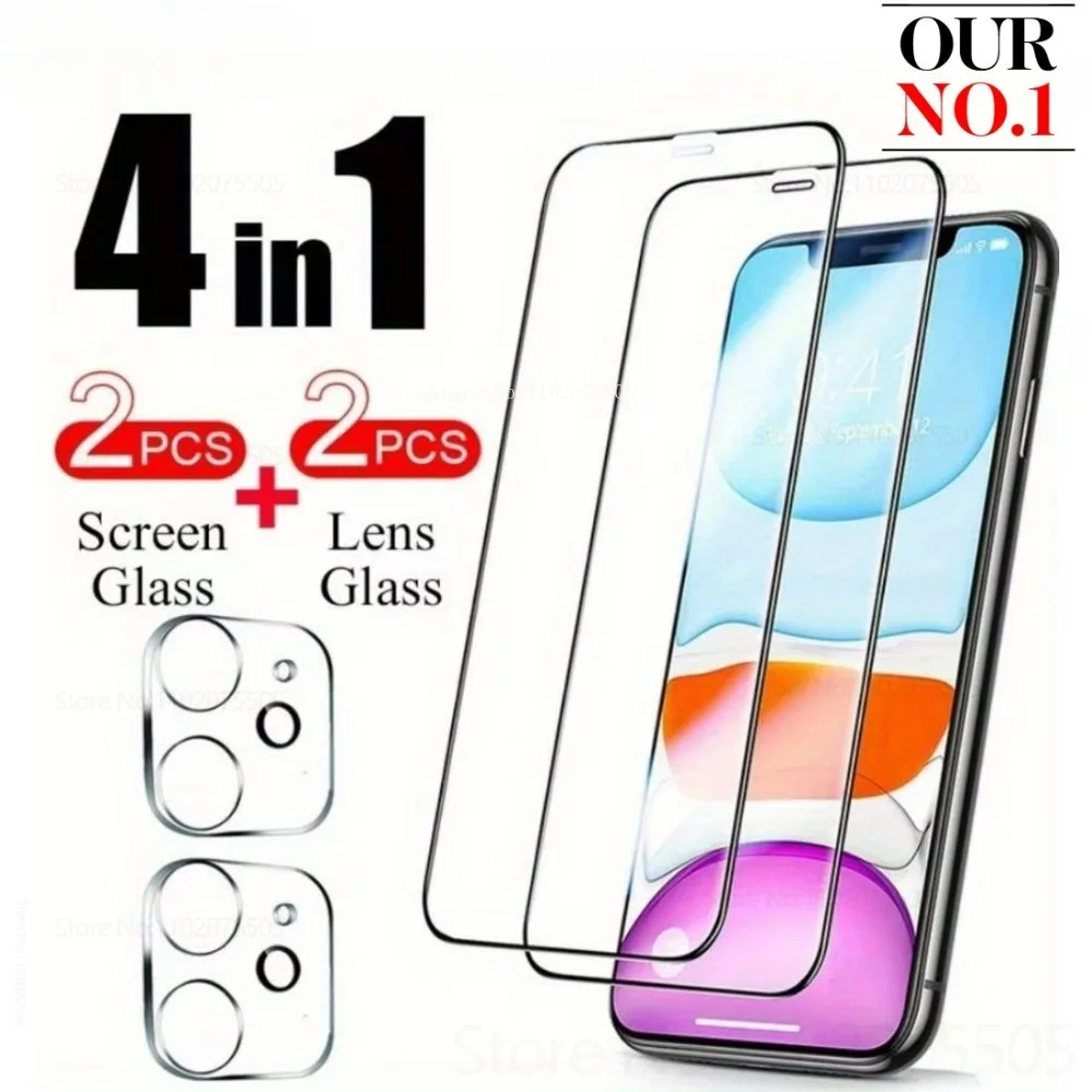 

【4-in-1】2Pcs Fully Covered Black Edge Tempered Glass+2Pcs Camera Film for IPhone 13 Pro Max 14Pro 15Plus 16 Pro Max 12Mini 11Pro