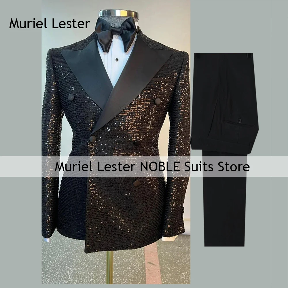 Elegant Business Suits Men Sparkly Sequins Blazer Pants 2 Pieces Double Breasted Jacket Groom Wear Wedding Tuxedos Customized