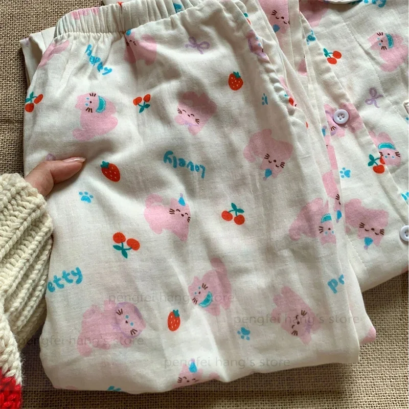 

100% Cotton Pajamas Suit Kawaii Home Clothes Women Soft Loungewear Strawberry Cherry Pink Cat Top Pants Nightwear Pijama Mujer