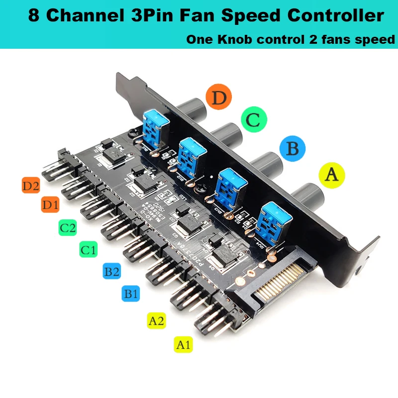 PCI Fan Speed Controller,12V Molex 4pin or SATA Powered 6 8 Fan Hub,PWM 4 pin CPU Radiator 3pin Case Cooler Temperature Control