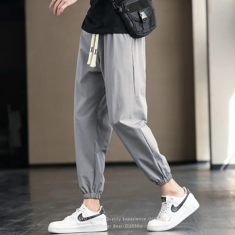 2026 New Summer Thin Ankle Length Tapered Casual Pants Men Baggy Elastic Waist Drawstring Korean Grey Green Harlan Trousers Man view 5