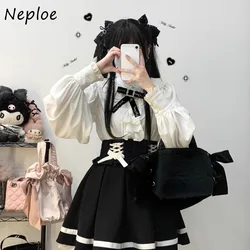 Neploe Harajuku Stand Collar Ruffles Blouses Y2k Long Sleeve Loose Shirts Women 2024 Autumn New White Sweet Blusas Mujer