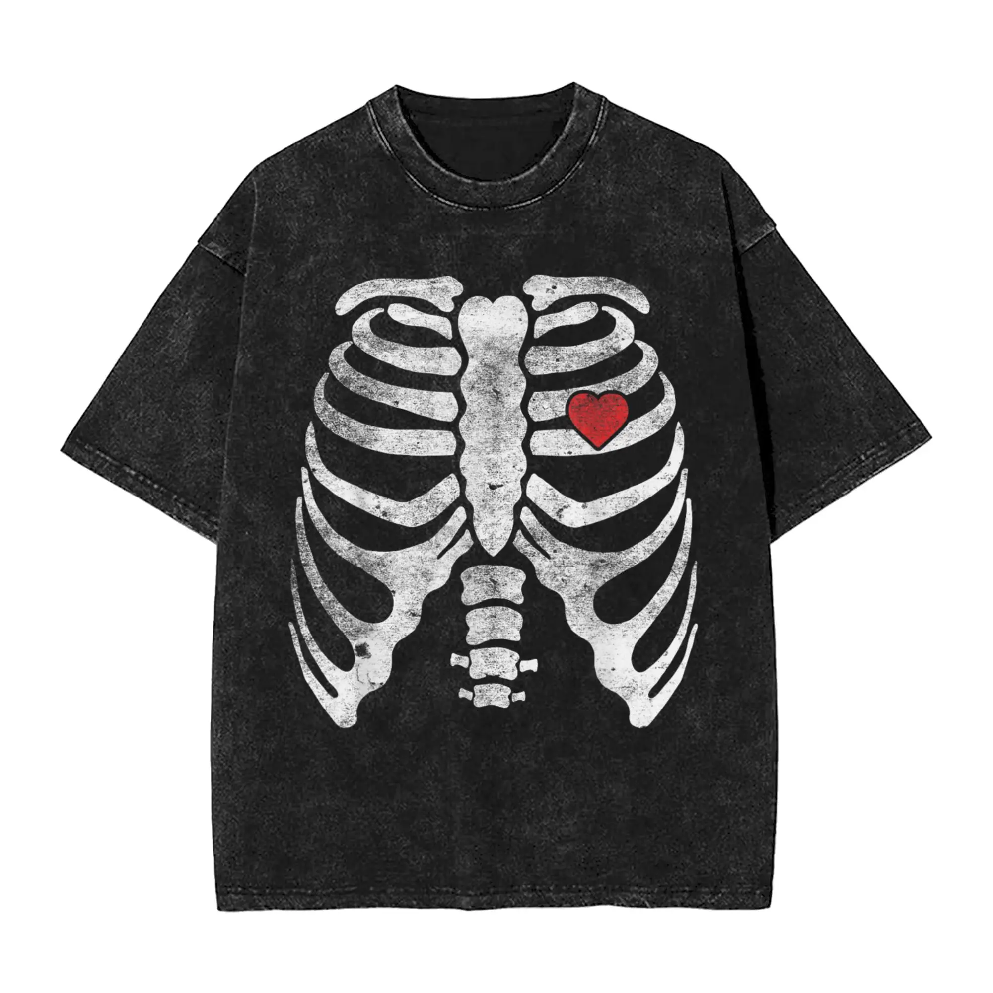 Men T-Shirt Heart Rib Cage X-Ray Washed T-Shirts Harajuku Funny Halloween Skeleton Beach Tees Cotton Tops Plus Size 2XL