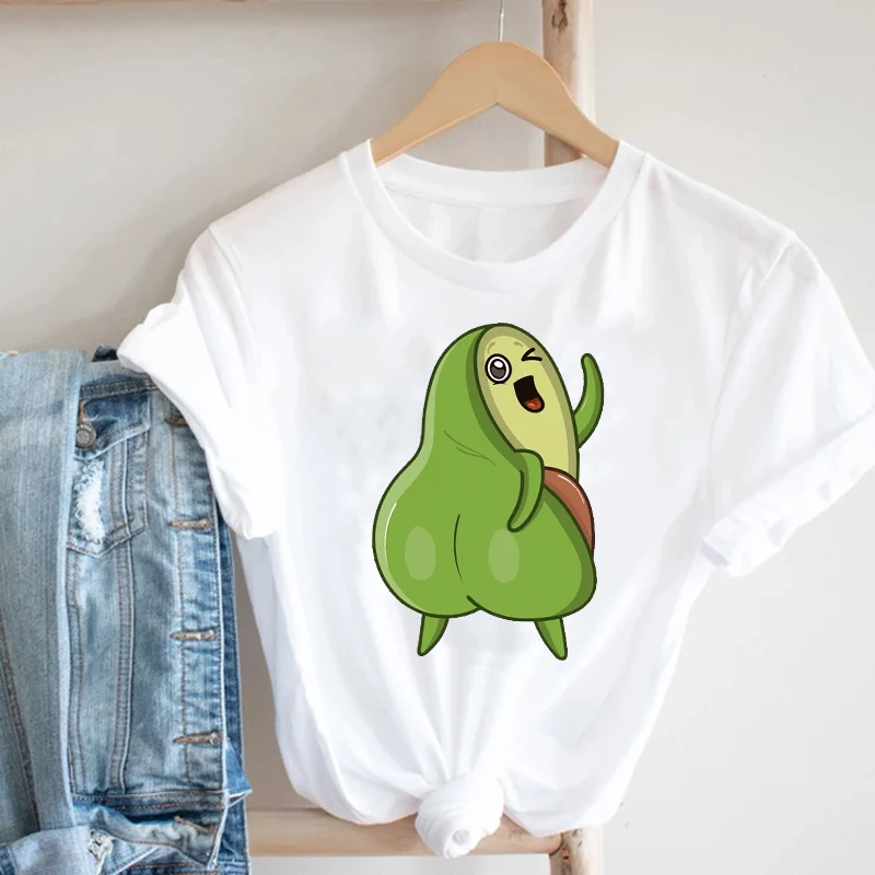 

100% Cotton Women Clothing Avocado Fruit Beach Girl Cartoon 90s Ladies Summer Clothes Print Female Tee Top Graphic T-shirt