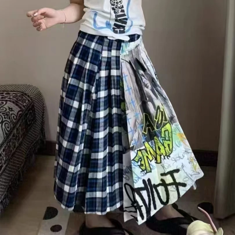 جديد في خريف وشتاء 2025 تنورة طويلة منقوشة بطيات مرقعة للنساء موضة 2025 تنانير متوسطة الطول ملابس نسائية