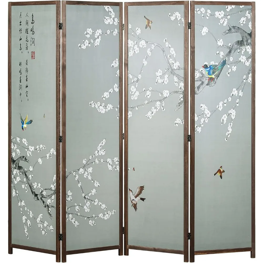 

4-Panel Asian-Inspired Folding Room Divider with Cherry Blossom Tree & Bird Design Poetry Calligraphy