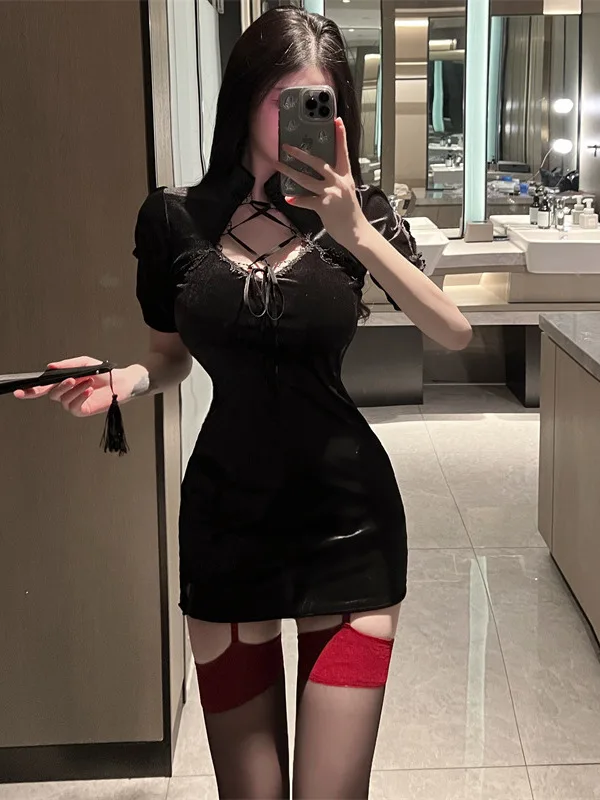 Lingerie velata in rete di pizzo trasparente Cheongsam tentazione uniforme mini abito attillato diviso elegante dolce donna top FGH2