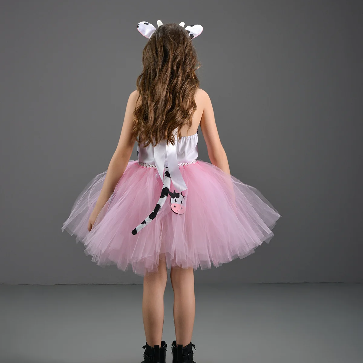 Cartoon Cute Little Cow Printed Style Multi-Layer Princess Tutu Dress Kids Animal Themed Halloween Party Stage Performance Wear