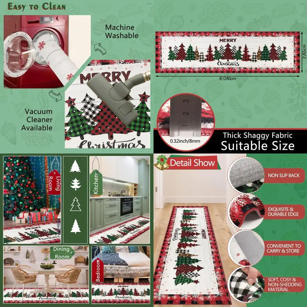 

Red Farmhouse Christmas Tree Runner Rug, 2' x 8' Non-Slip, Washable Low Pile for Kitchen, Hallway, and Bedroom