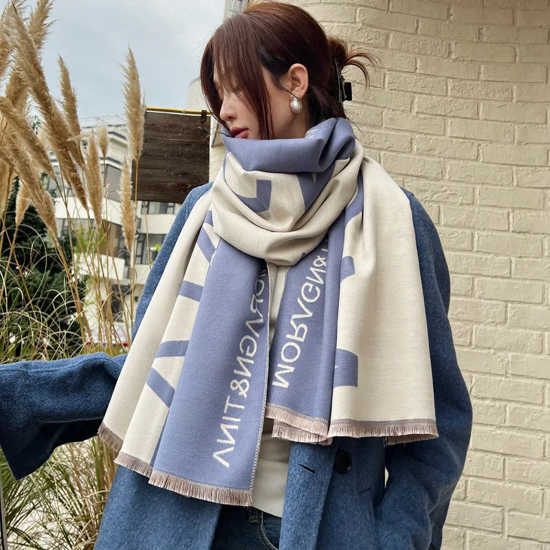 2023 Autumn/Winter New Double sided Velvet Women's Scarf Fashion Letter Thickened Warm Imitation Cashmere Overlay with Cold Cape