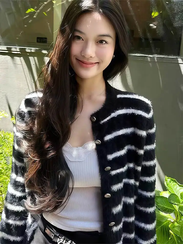 Bla-suéter de punto a rayas blancas para mujer, abrigo largo holgado, redondo, ropa de abrigo cálida, visón sintético coreano Sle