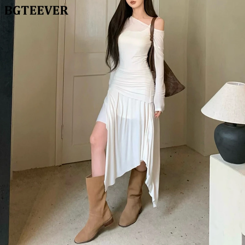 BGTEEVER Autumn Stylish Women 2 Pieces Dress Set Long Sleeve Skew Collar Irregular Dress & Sleeveless Package Hip Mini Dress