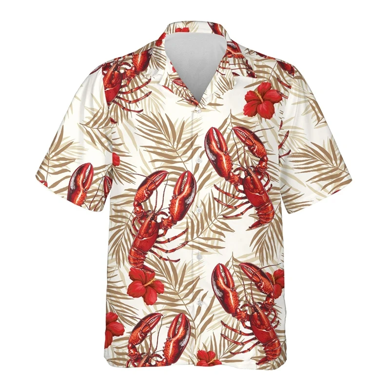 Camisa de âncora lagosta havaiana masculina, roupa de praia, manga curta, conforto casual, estampa 3D frutos do mar, moda verão