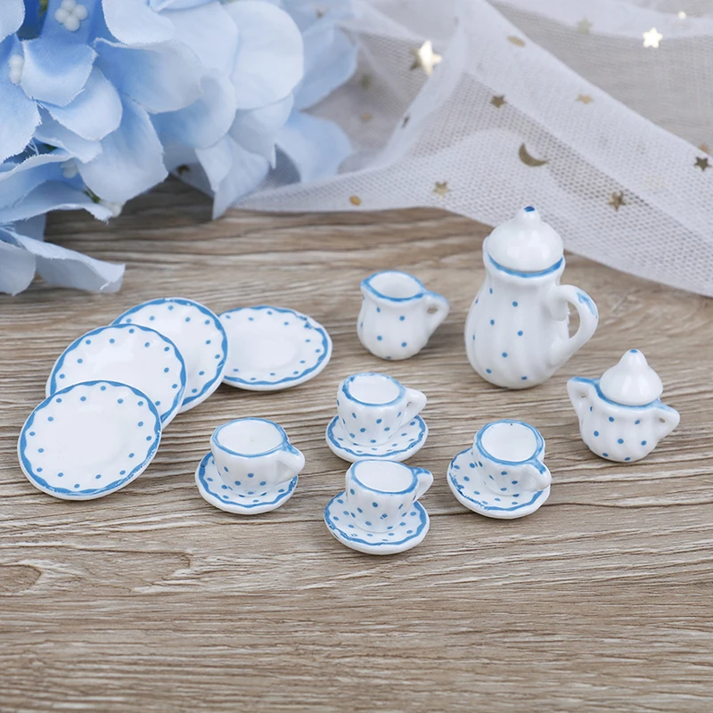 

15PCS 1:12 Dollhouse Blue Dot Porcelain Set - Coffee & Tea Cups Miniature Tableware