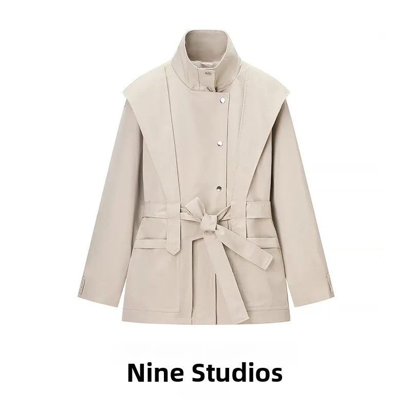 

Pure Color High Collar Belted Single Button Zipper Motorcycle Sle Coat Jaet Women's Faion Commute Straight Cut Long Sve