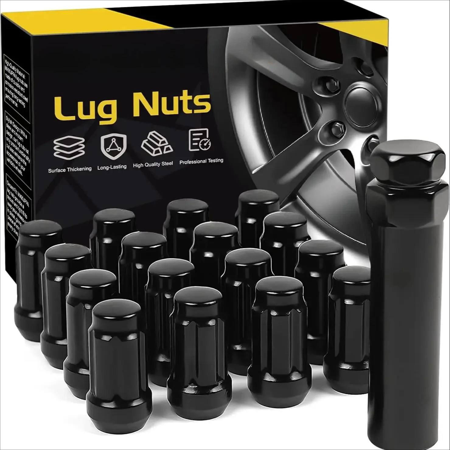 16pcs M12x1.5 Lug Nuts - Black Spline Drive Lug Nuts - 1.4 inch Length - 17mm Hex Size - Cone Acorn Taper Seat - Includ