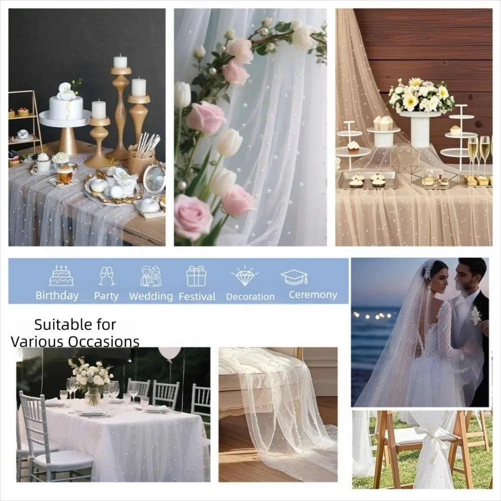 Household Decorations 0.75*3M Table Flag Semi Transparent Gauze Mesh Pearl Chiffon Sheer Drapes Pearl Tulle Table Cloth Shower