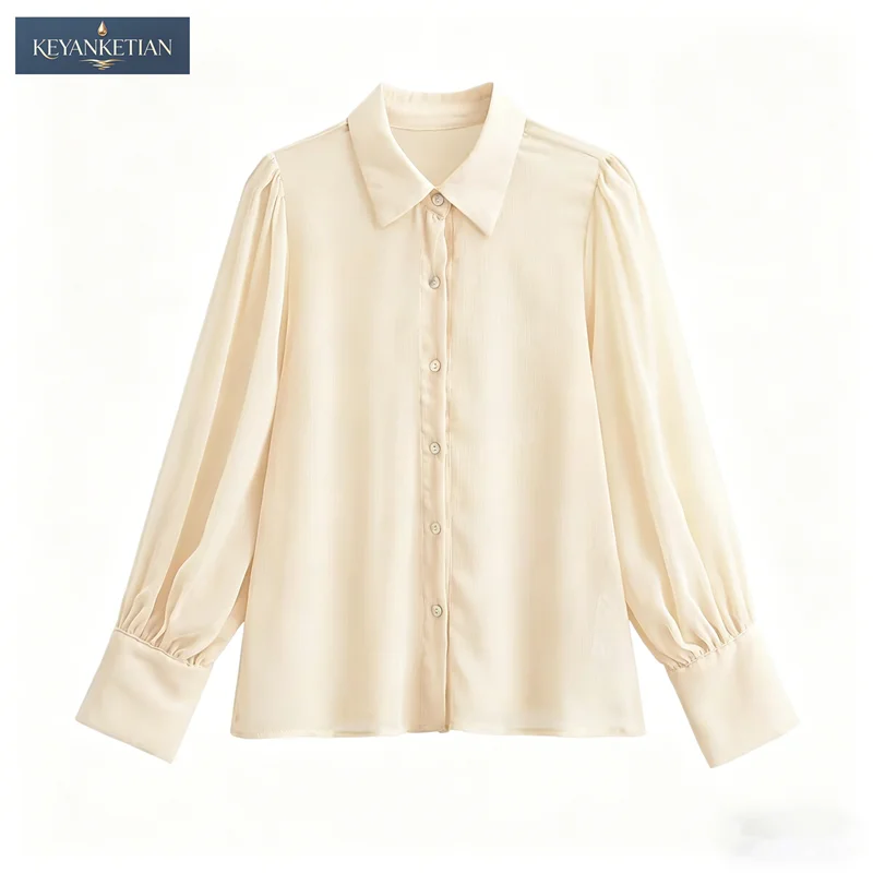 

KEYANKETIAN 2026 Summer Classic Office Sheer Chiffon Shirt Loose Silhouette Point Collar, Puff Sleeves Button-Down Blouse Top