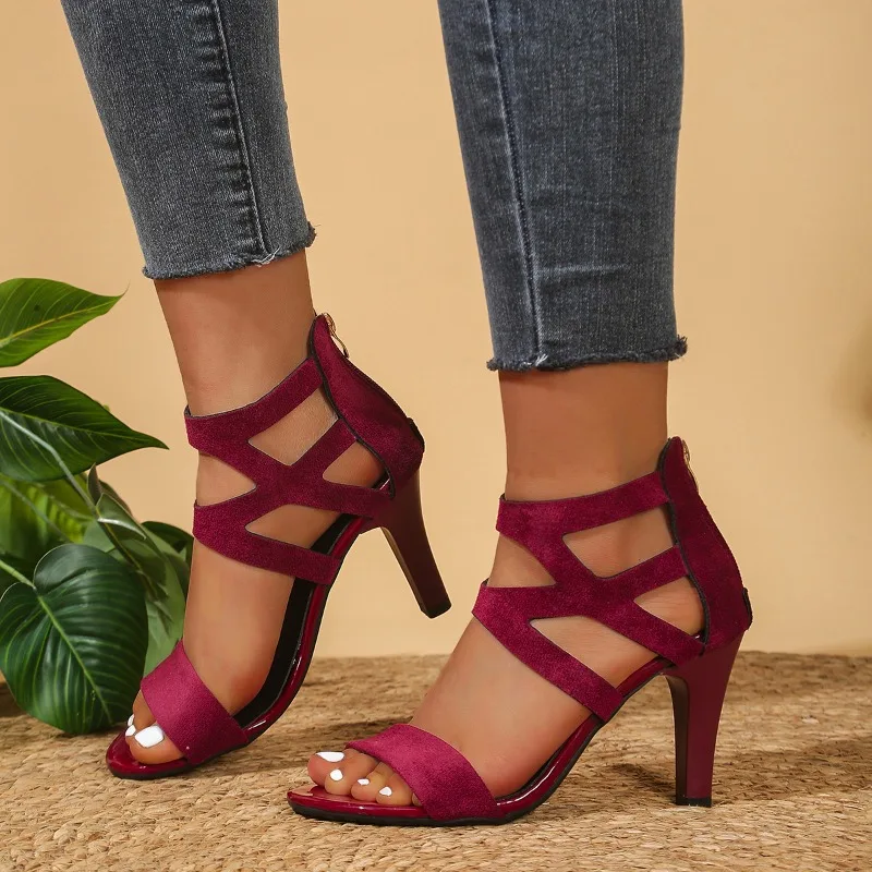 2026 Fashion Hollow Out Solid Color High Heel Women's Sandals Summer New Casual Simple Back Zipper Women Shoes Босоножки Женские