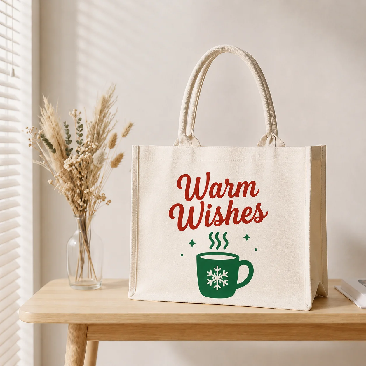 Custom Women Canvas Tote Bag White Large Capacisty Warm Wishes Christmas Winter Holiday Handbag Xmas Market Travel Gifts Bags