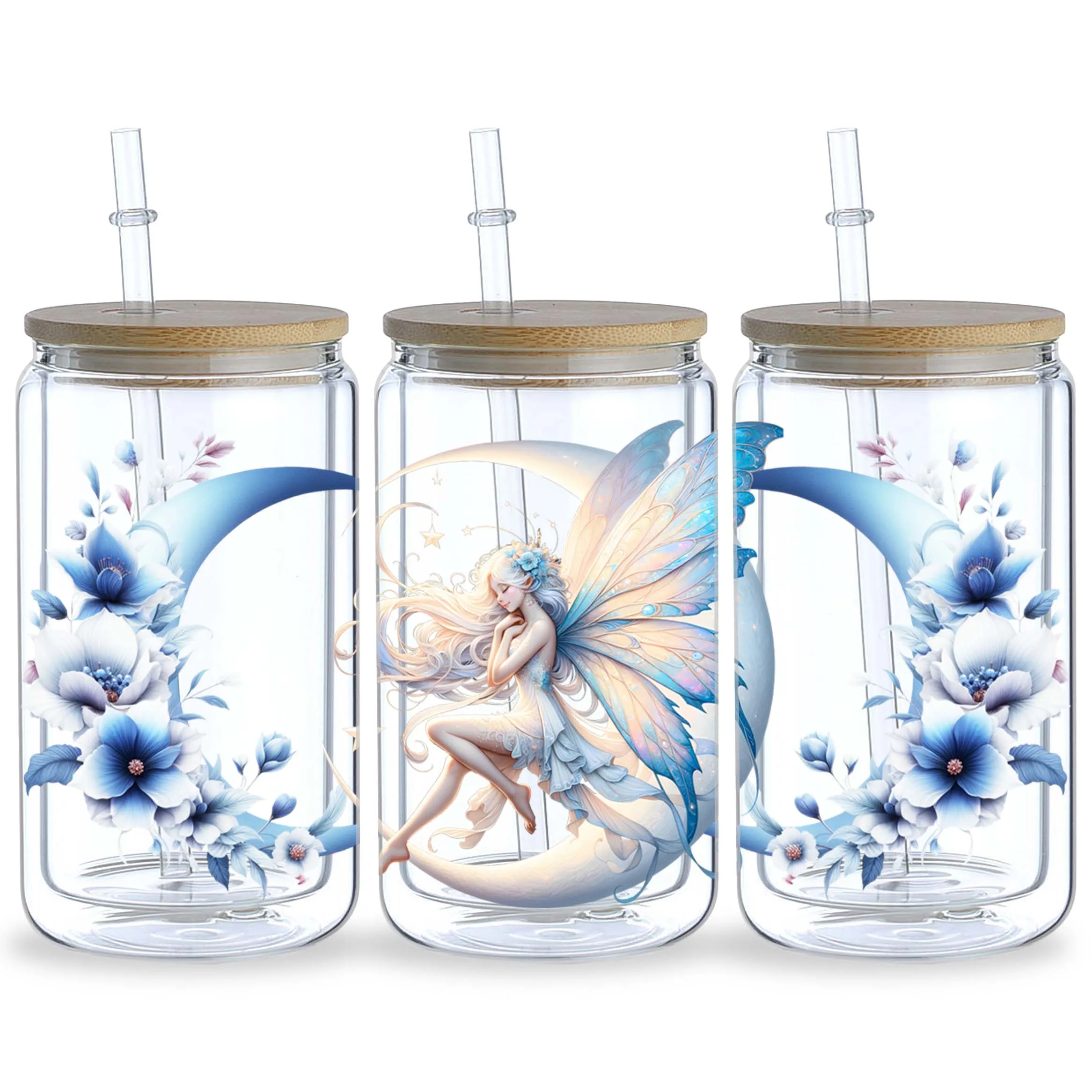 5 Sheets Moon Fairy UV DTF Cup Stickers, Waterproof Magic Moon Fairy Wipeable Transfer Paper for 16 Ounces Glass Cups
