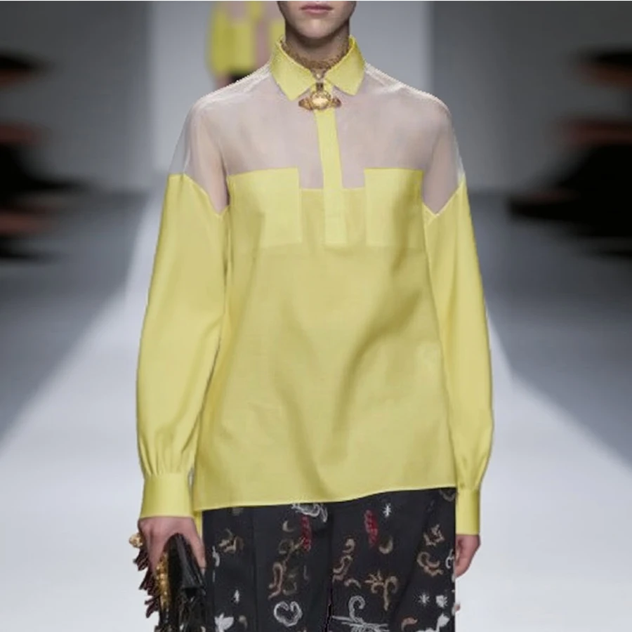 

Modigirl, летние и осенние прозрачные блузки для женщин, новинка 2025, повседневные свободные офисные женские рубашки с лацканами и длинными рукавами, топы и блузки