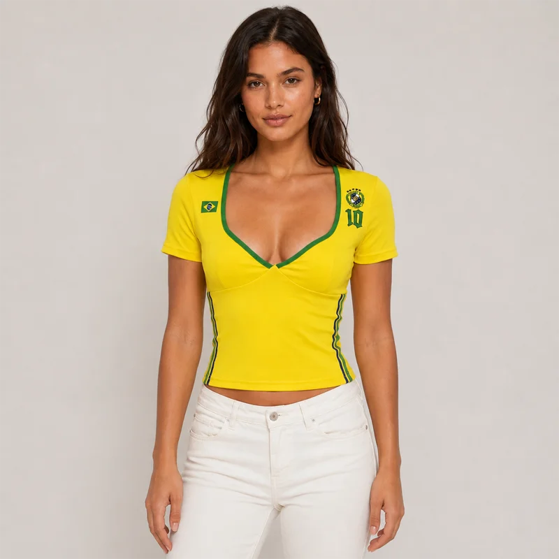 Women's Brazil Flag Graphic Crop Top Deep V Neck Short Sleeve Slim Fit Football Jersey Style Y2K Summer Streetwear T Shirt