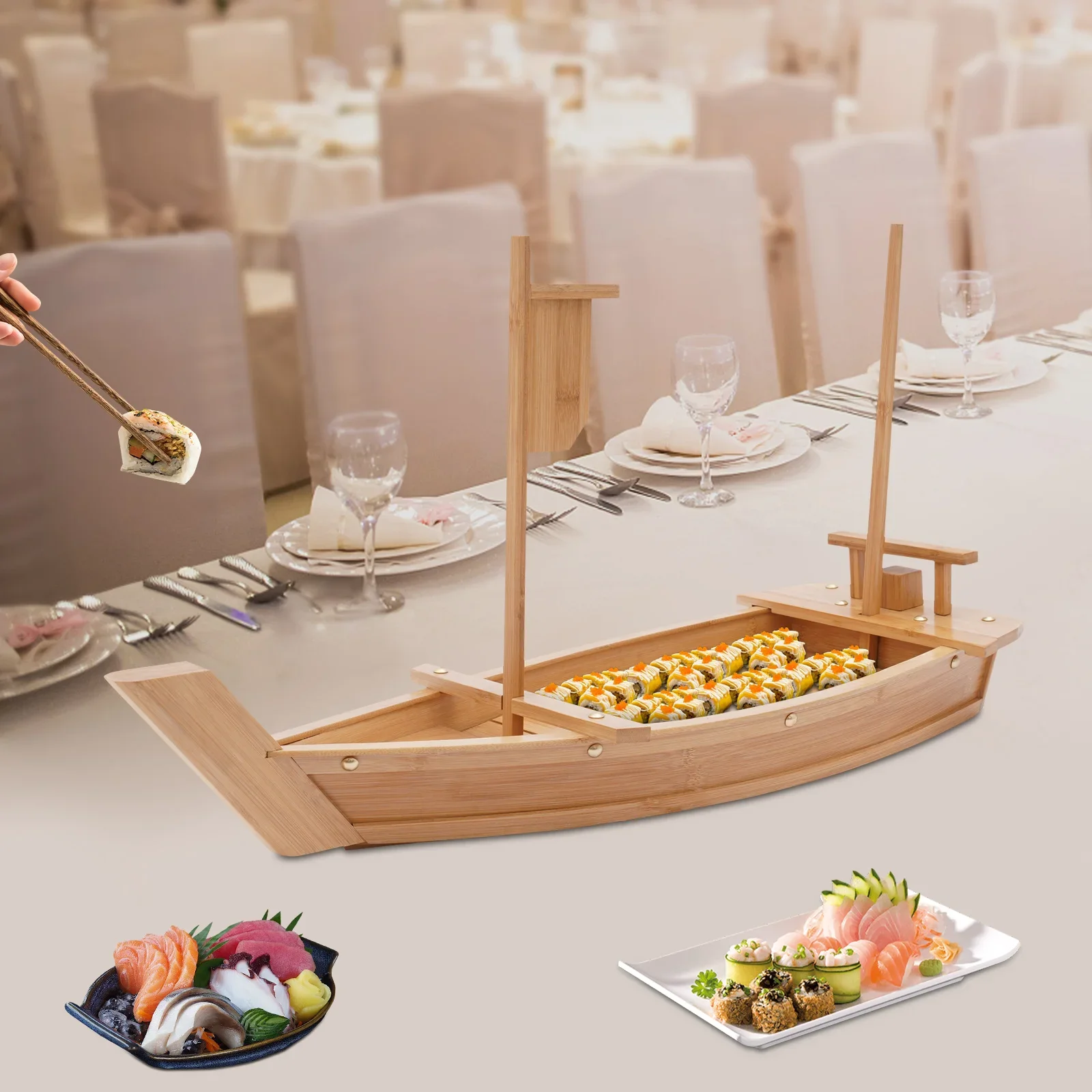 

27.6*9.4" Large Size Boat-shaped Sushi Serving Tray,Bamboo Sushi Boat Serving Tray for Storing and Displaying Sashimi, Desserts