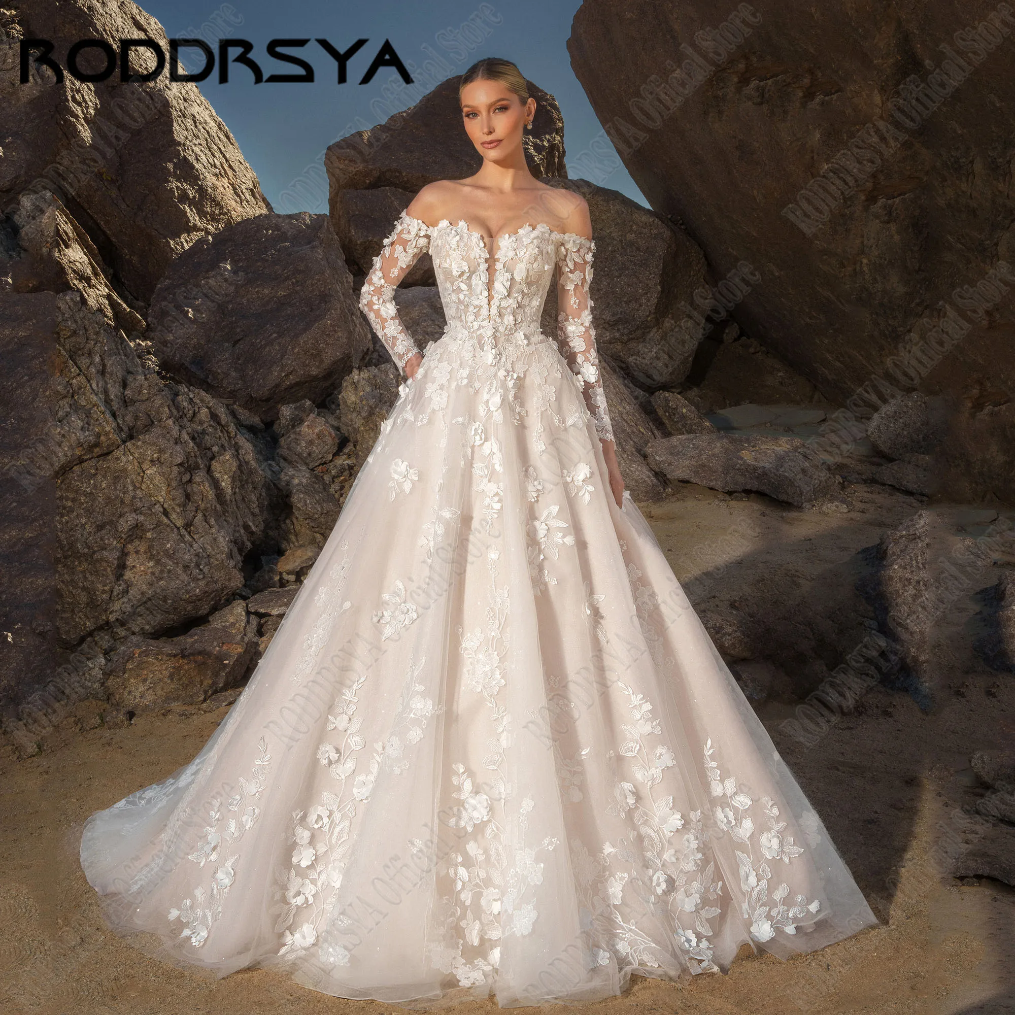 RODDRSYA Personalizado Praia Backless Lace Vestido De Noiva 2025 Noiva Flores A Linha vestidos de novia Luxo Vestido De Noiva Manga LongaRODRSYA Personalizado Praia Backless Lace Vestido de Noiva 2025 Noiva Flores A Li