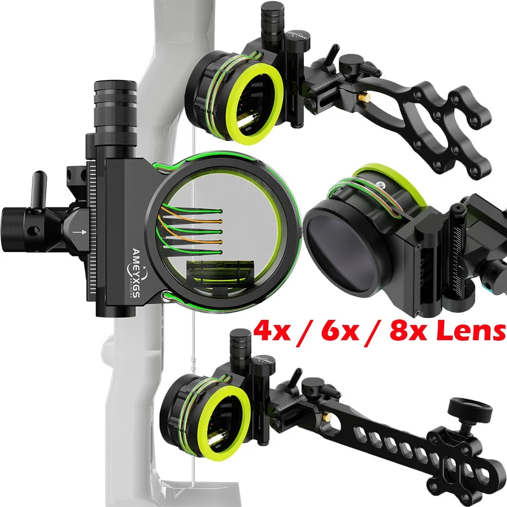 

5 Pin Compound Bow Sight 0.019'' Fiber Optic Adjustable 4X 6X 8X Lens for RH/LH Outdoor Archery Hunting Target Shooting Practice