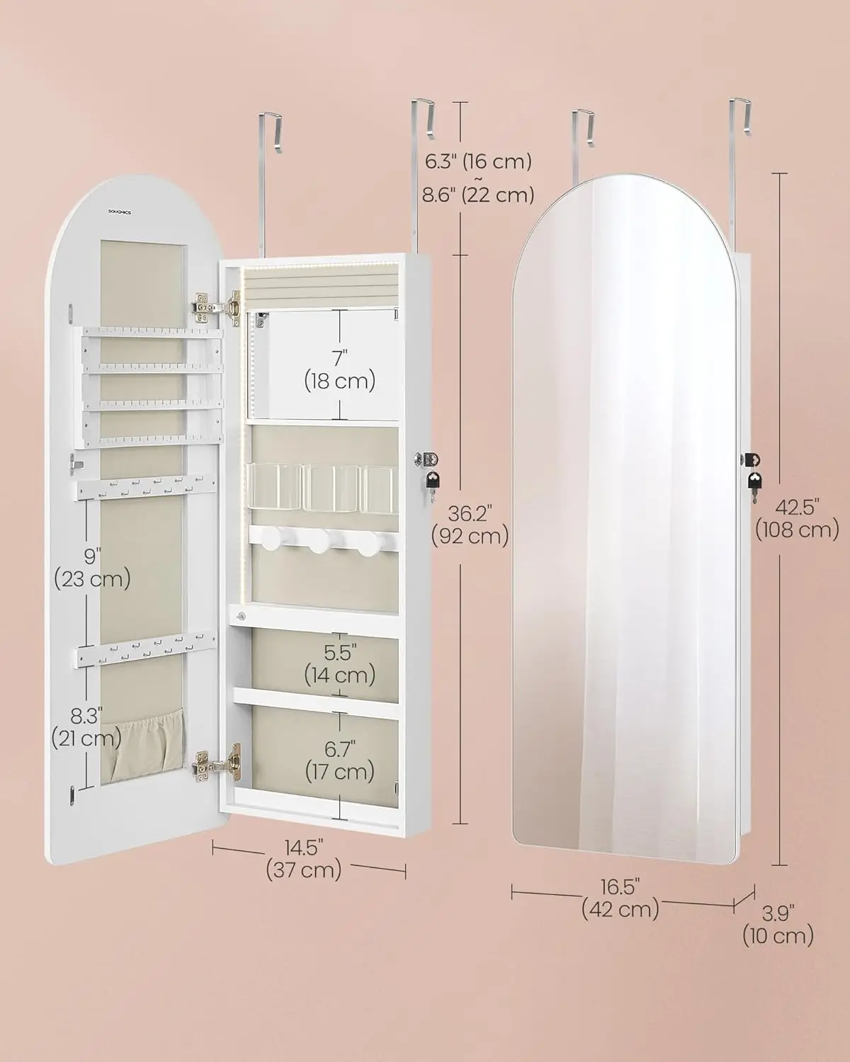 Miroir arqué avec rangement, armoire à bijoux LED, coin arrondi, verrouillable, fixé au mur ou sur la porte, intérieur large, évaluation des bijoux