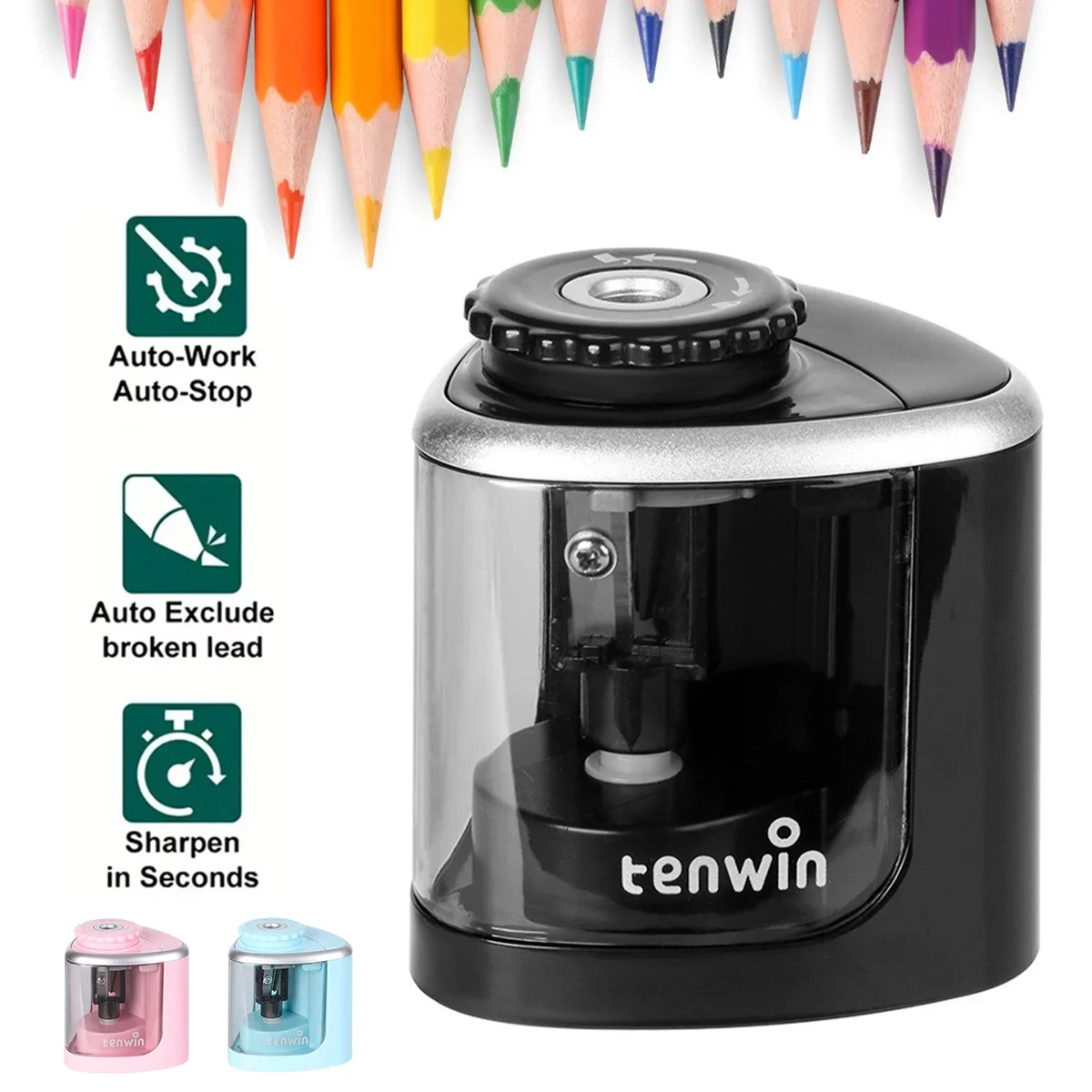 1PC Tenwin Electric Auto Pencil Sharpener Safe Student Helical Steel Blade Sharpener for Artists Kids s Colored Pencils