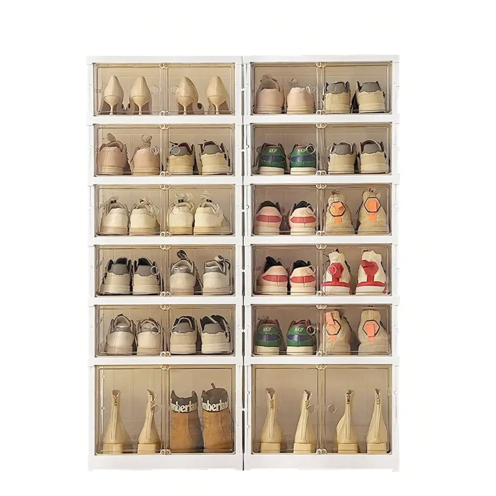 

6 9layer Foldable Shoe Rack, Suitable For The Entrance Of Wardrobe, Stackable Transparent Shoe Box Storage Box With Cover Plast