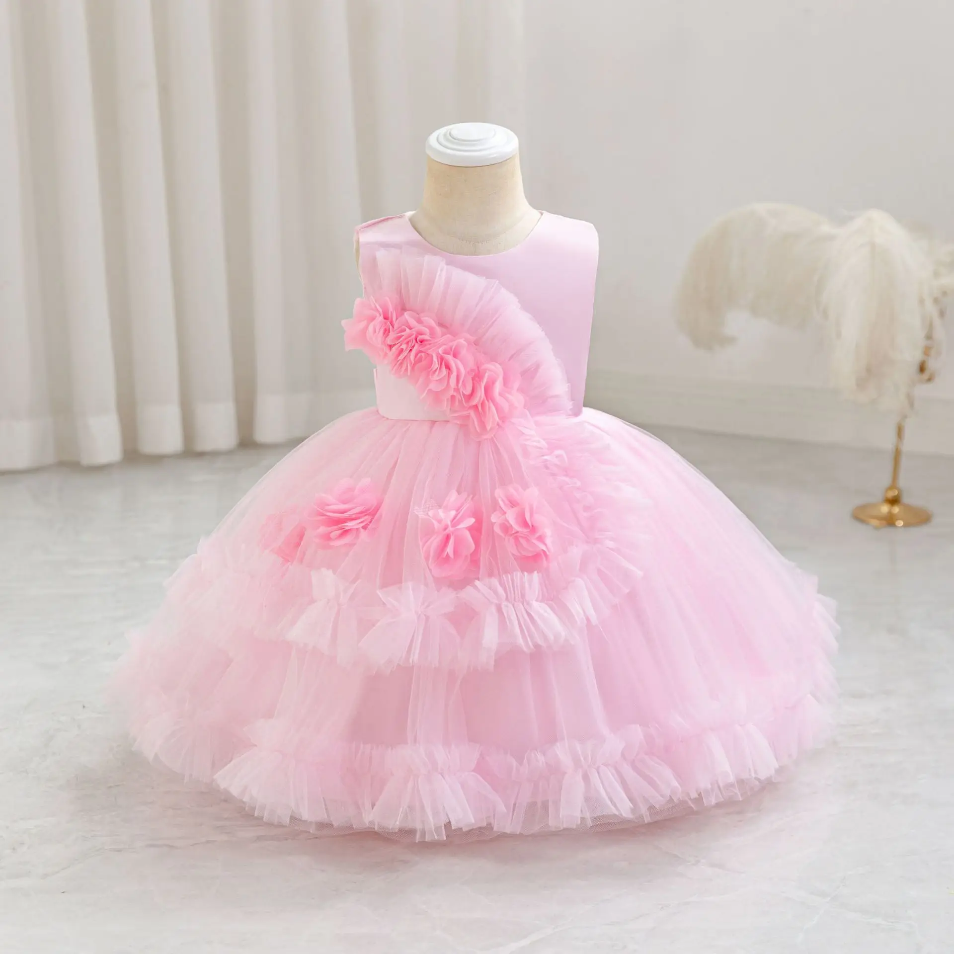 HETISO Baby Girls Summer Dresses Lace Flower Sleeveless Kids Party Ball Gown White Children Gift 1-5 Years