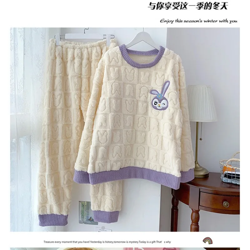 Large Size Coral Fleece Pajamas Winter Women Soft Fleece Thickened Cute Cartoon Loose Plus Fat Mm Loungewear Set Home Outerwear