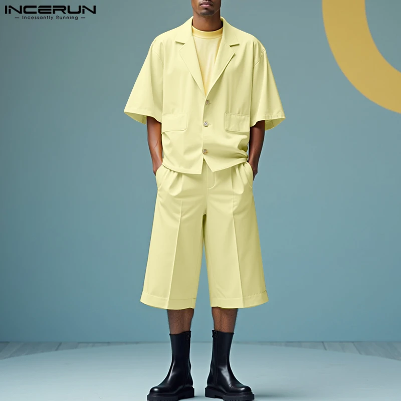 Conjuntos para hombre INCERUN, camisa y pantalones cortos de media manga con solapa de gran tamaño de Color sólido, conjuntos de dos piezas, ropa de calle de verano, trajes de moda para hombre 2025