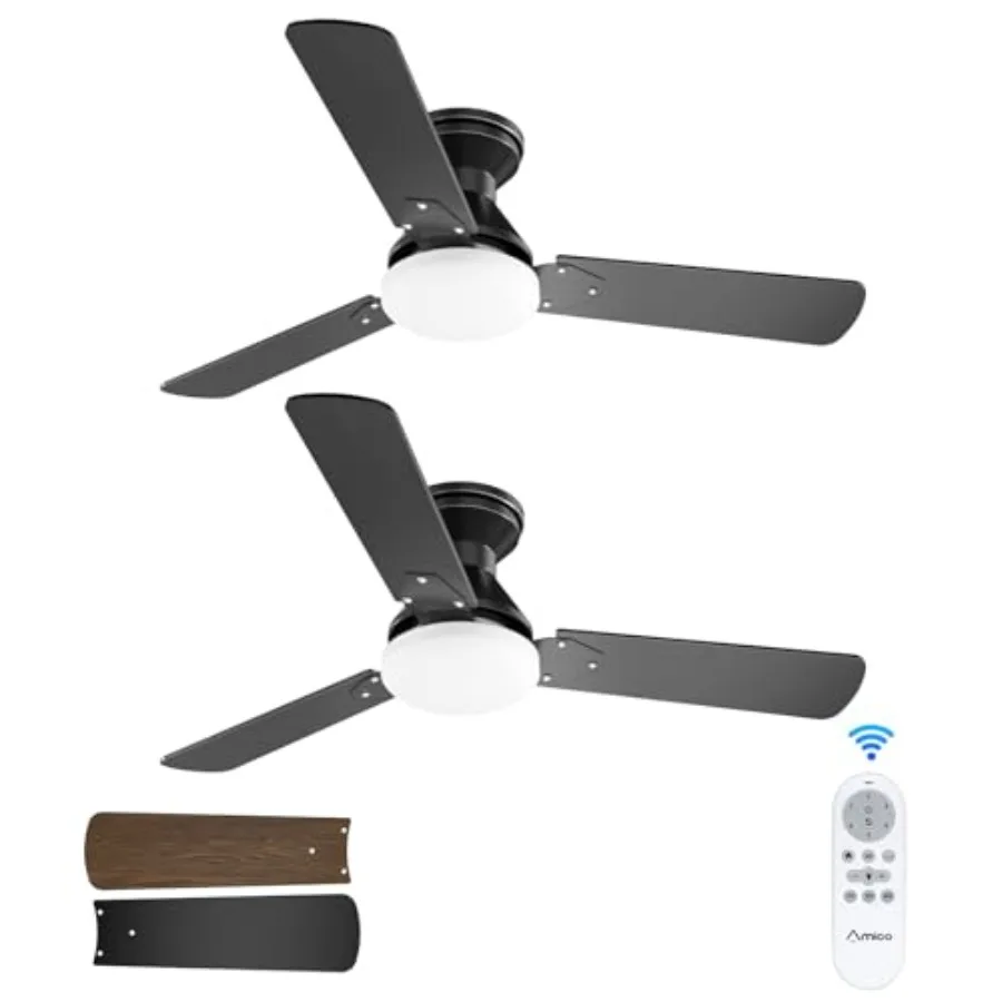 2 Pack Ceiling Fans with Lights for Bedroom Indoor/Outdoor, Black Metal Low Profile Flush Mount Fan, 42 inch Reversible Noisele