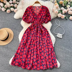 YuooMuoo Women Dress Fashion Romantic Floral Print Drawstring Waist Long Summer Dress Vacation Korean Party Vestidos