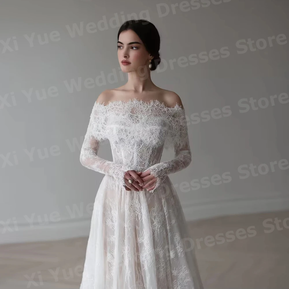 Exquisito una línea De encaje para mujer vestidos De Novia con hombros descubiertos Vestido De Novia vestidos De Novia De manga larga bata personalizada De Mariée