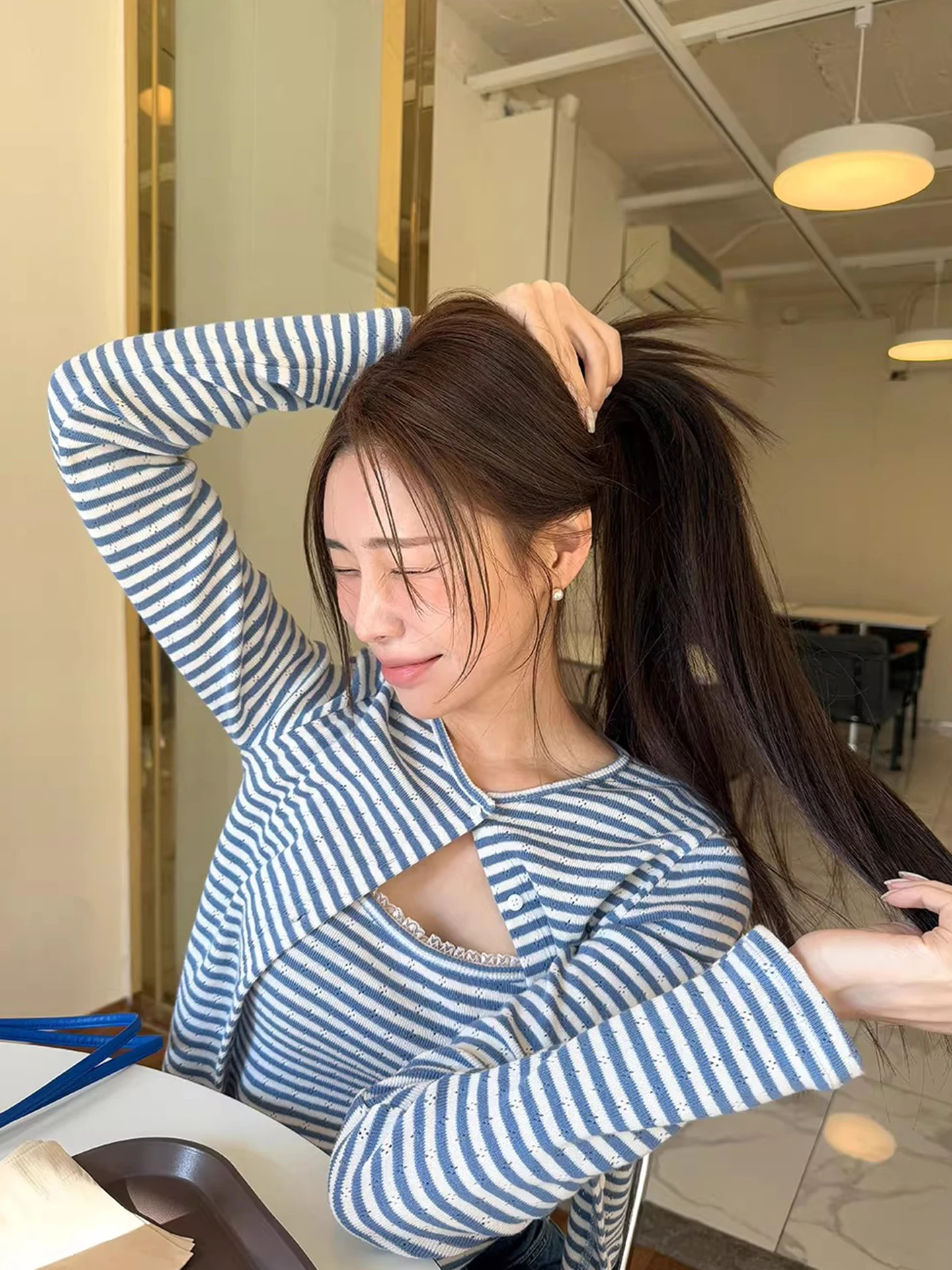 

Fashionable Knitted Long Sleeve Women's Set Stripe Inner Wear Tank Top Two-Piece Summer New Arrival Commute Style