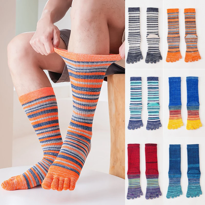 1/6 Pairs Man Toe Socks Long Plus Large Size Cotton Colorful Striped Compression Sport Fitness Happy 5 Finger Calf Socks EU40-46