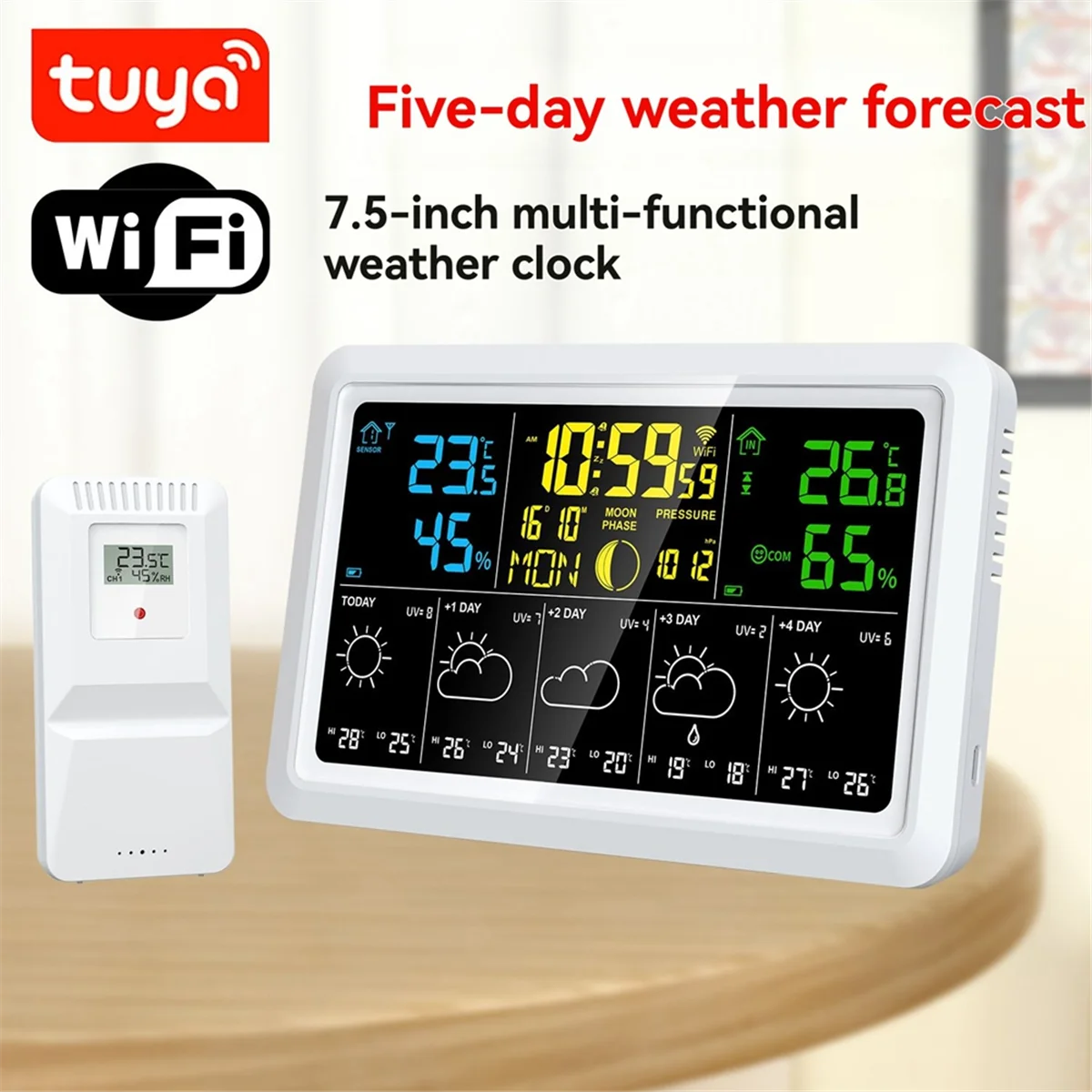 AA98 WIFI Multifunction Tuya Weather Station Air Quality Temperature Humidity Meter Moon Phase Air Pressure Weather Clock(US)
