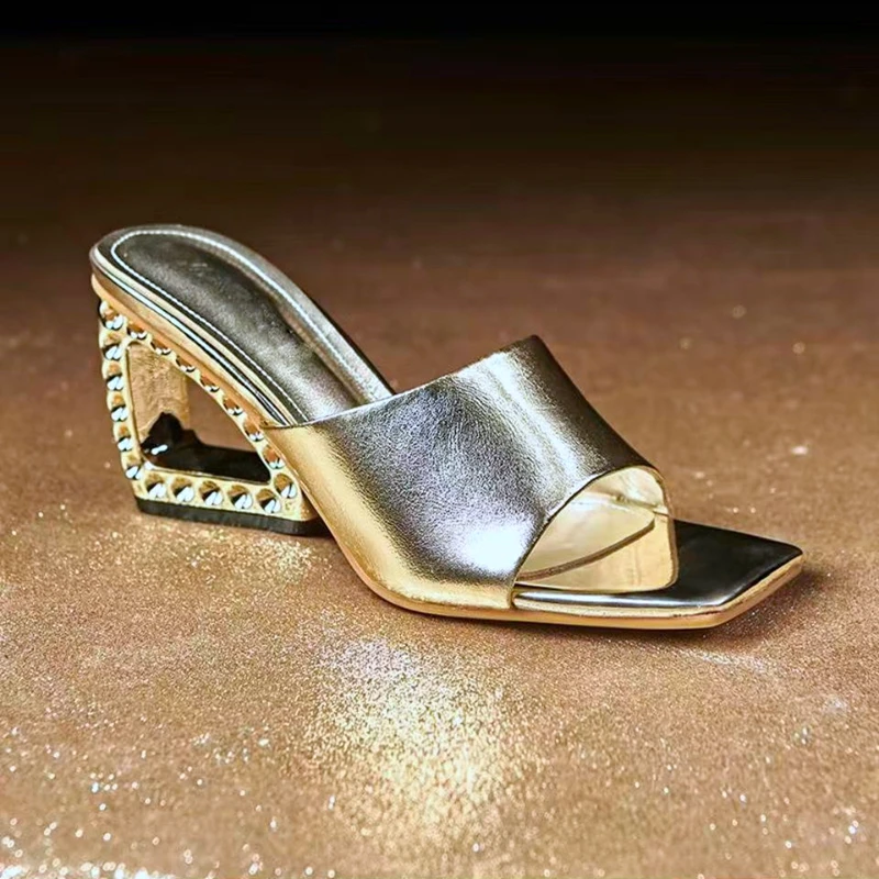 

Women's new summer leather cowhide high-heeled wedge heel fashion star style fish mouth slippers with exposed toes